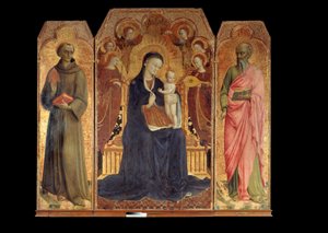 圣母和被六位天使包围的孩子。 周围：帕多瓦的圣安东尼 (san antonio di padova) 和圣约翰福音传教士。 Stefano di Giovanni Sassetta (1392 - 1450) 的祭坛画