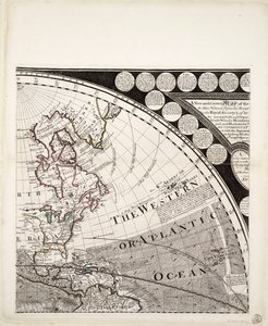 新的、正确的世界地图（剖面图），约 1774 年（彩色版画）