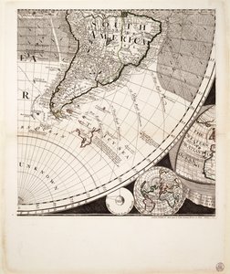 新的、正确的世界地图（剖面图），约 1774 年（彩色版画）