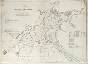 查尔斯镇酒吧和港口的精确平面图，来自 1776 年 6 月 28 日由彼得-帕克爵士指挥的英国皇家海军中队进攻沙利文堡时的实际勘测结果