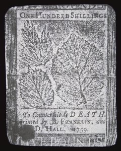 本杰明·富兰克林于 1759 年设计和印刷的 100 先令纸币（石版印刷） 作者 美国学校
