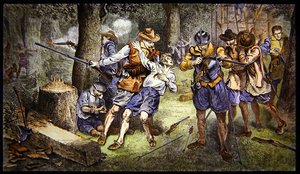 1607年在弗吉尼亚州詹姆斯敦的殖民地保卫新生的定居点免受印第安人的攻击（彩色平版印刷）。 作者 美国学校