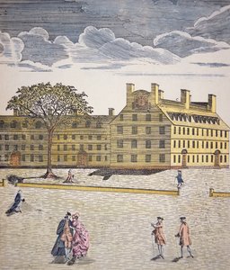 马萨诸塞州剑桥市哈佛学院 c.1740（彩色石版画） 作者 美国学校
