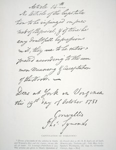康沃利斯勋爵签署的《约克镇投降书》（Letter of Capitulation of Yorktown）。 作者 美国学校