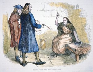 在1692年的塞勒姆女巫审判中，玛莎-科里被指控实施了巫术（彩色平版印刷）。 作者 美国学校