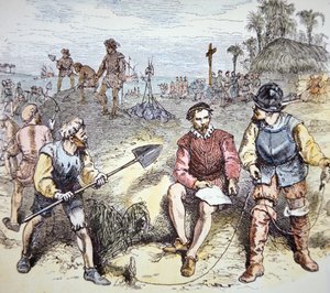 1565 年西班牙人在佛罗里达建立圣奥古斯丁（彩色石版画） 作者 美国学校