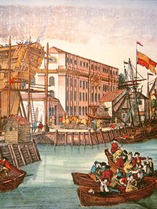 18世纪中期的纽约港景色（彩色平版印刷）。 作者 美国学校