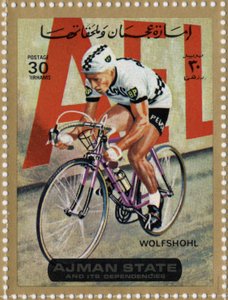 阿联酋的邮票代表自行车运动员Rolf Wolfshohl（Ne 1938）。 作者 学校阿拉伯语