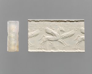 圆筒形印章和现代印象：带爪子和角的翼马，约公元前14-13世纪（玉髓