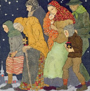 步行去教堂，平安夜，约 1910 年，选自 J.M. Dent  Sons 出版的《圣诞节》。