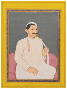 拉姆·钱德拉·拉希里 (Ram Chandra Lahiri) 的坐像，库奇·贝瓦尔 (Cooch Bewar) 的德万 (1829 - 1842 年，约 1840 年)（不透明颜料在纸上用金色增强效果） 作者 学校孟加拉语