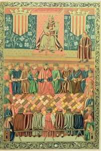 1242 年 3 月，征服者国王詹姆斯一世主持莱里达议会，摘自《加泰罗尼亚宪法》手稿 作者 学校加泰罗尼亚语