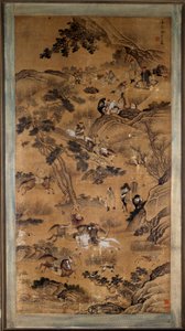 中国艺术。17世纪的 "狩猎场景 "印刷品。 作者 学校中文