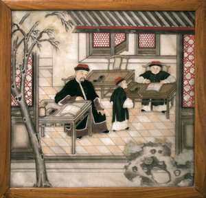 大理石装饰板，表现字母在其柜子里的情况。彩绘大理石，清朝（1644-1911），中国艺术。拉罗谢尔的奥尔比尼-贝尔农博物馆。 作者 School Chinese