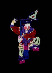 雌鸟持剑。彩绘剪纸或 "剑志"，中国民间艺术，北京。 作者 学校中文