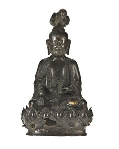 观音图，中国的观音，坐在莲花图案的底座上，头上有一只乌鸦，左手托着一只兔子。 作者 学校中文