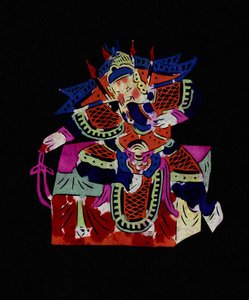 带面具的京剧男性角色。彩绘剪纸或 "简志"，中国民间艺术，北京。 作者 学校中文