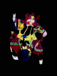 带面具的京剧男性角色。彩绘剪纸或 "简志"，中国民间艺术，北京。