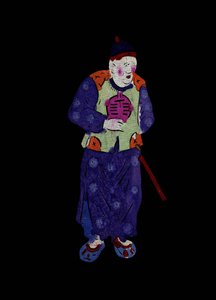 身着传统服装的老人。彩绘剪纸或 "简牍"，中国民间艺术，北京。 作者 学校中文