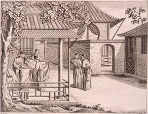 丝绸织成后的销售》，中国，18世纪末（木刻）。 作者 学校中文