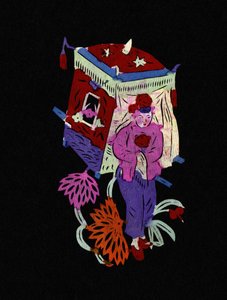 传统花轿与少女。彩绘剪纸或 "简牍"，中国民间艺术，北京。 作者 学校中文
