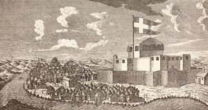 加纳宁戈的丹麦殖民要塞弗雷登斯堡，1760 年的样子，摘自《Afrika, dets Opdagelse, Erobring og Kolonisation》，1901 年在哥本哈根出版（平版）。 作者 学校丹麦语