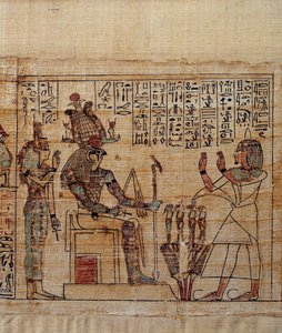 古埃及艺术。Serimen的神话纸莎草纸。Serimen在ptah-sokar-osiris神面前的崇拜，后面是Isis。第21王朝（约1069-945），第三中间时期（约1069-664 BC）的手稿。绘画。 作者 埃及学校
