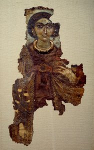 科普特艺术：女人的裹尸布，称为带十字架的女士。 亚麻画布上的绘画（公元 4 世纪） Antinoe。 作者 埃及学校