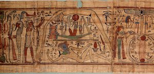Egyptian antiquite allegory of the cosmos: mythological papyrus of Neskapashouty, accounting scribe of grains representing cosmogony, with Geb, Nout, Nephtys, Osiris. 1070-664 BC. 21st dynasty. Sun 2,7x0,27 m Paris, musee du Louvre 作者 埃及学校