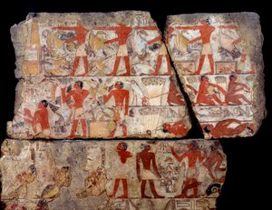 埃及古董：Metchetchi 的mastaba 绘画。 第六王朝时期埃及的日常生活（狩猎、捕鱼、祭祀）场景。 公元前 2400-2300 年。 从萨卡拉 (Sakkara) 遗址 作者 埃及学校