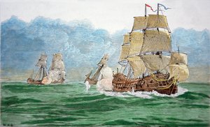艾弗里追赶大莫格利的船（彩绘版画 作者 学校英语