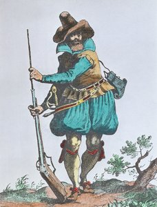 17世纪初的德国士兵，装备有火柴枪（彩色雕刻）。