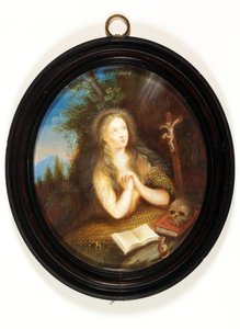 Mary Magdalene leaning against a bank, her eyes raised to a crucifix (enamel) 作者 学校英语