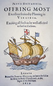 鼓励殖民者前往美国弗吉尼亚州的小册子，1609年出版（彩色平印）。 作者 学校英语