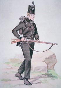 第95步兵团士兵，约1810年，装备有伦敦的Ezekiel Baker设计的Baker步枪（彩色平印）。