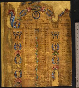 佳能桌子，6-7 世纪，Add MS 5111，f.11r（羊皮纸上带有金箔的钢笔和墨水）