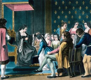 安妮·布列塔尼将“Ordre de la Cordeliere”授予侍女（彩色雕刻） 作者 法语学校