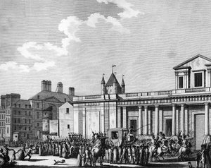 法国大革命。8月13日，王室成员（路易十六、玛丽-安托瓦内特、海豚路易-夏尔-法兰西或路易十七和被称为 "皇家夫人 "的玛丽-特蕾莎）被转移到巴黎的圣殿监狱。 作者 法语学校