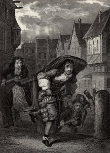 "Pourceaugnac先生 "英国作家莫里哀 "作品 "中的版画--Jean-Baptiste Poquelin dit Moliere（Jean Baptiste Poquelin）的戏剧 "Pourceaugnac先生 "的场景。 作者 法语学校