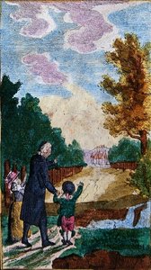 孩子们和他们的老师在一起，出自《Le Nouveau Chemin du Plaisir》，出版于纽伦堡，18世纪末或19世纪初（彩色木刻）。 作者 学校德语