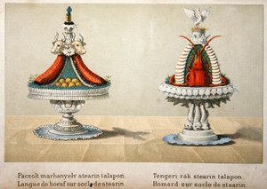 牛舌和龙虾的设计，来自一本关于法国烹饪的匈牙利烹饪书的插图，约1880年（彩色平印）。