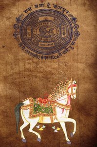 马、手工绘画和旧邮票纸、印度拉贾斯坦邦斋浦尔 作者 印度学校
