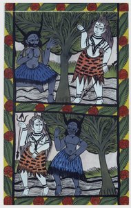 Kama, god of desir, sends a love arrow to Shiva in meditation, to unite with Parvati. Pat: painted roll of the Bengal region, serving as a narrative medium for the singers Baoul (Baul). Leonard de Selva private collection.