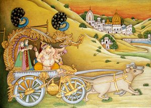 神格涅沙 Ganpati Riddhi 和 Siddhi 纸上微型绘画 作者 印度学校