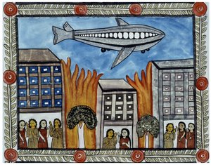 The story of the attacks of 11 September 2001 told by the peddlers Baul from Bengal. Painting, series, number 6/9, Bengal. 作者 印度学校