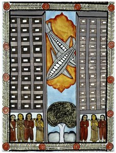 The story of the attacks of 11 September 2001 told by the peddlers Baul from Bengal, an illustration of the planes taking part in the World Trade Center in New York. Painting, series, number 3/9, Bengal. 作者 印度学校