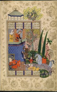 鲁达巴阳台上的扎尔，选自 Firdawsi 的《Shahnama》（牛皮纸）。