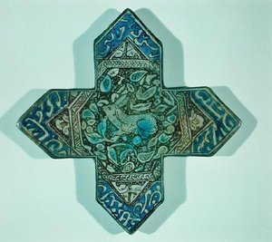 描绘狩猎场景的早期光泽墙砖，可能在伊朗卡尚制作