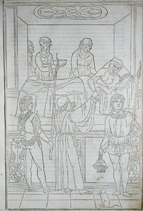 医生看望病人，摘自约翰内斯-德-凯瑟姆（约1490年）的《Fascilulus Medicinae》 15-16世纪（木刻）。 作者 学校意大利语