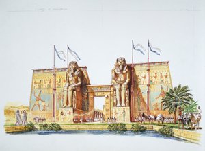 古代底比斯--重建拉美西斯二世时期的阿蒙霍特普三世的雕像，即所谓的孟农巨像（彩色平版印刷）。